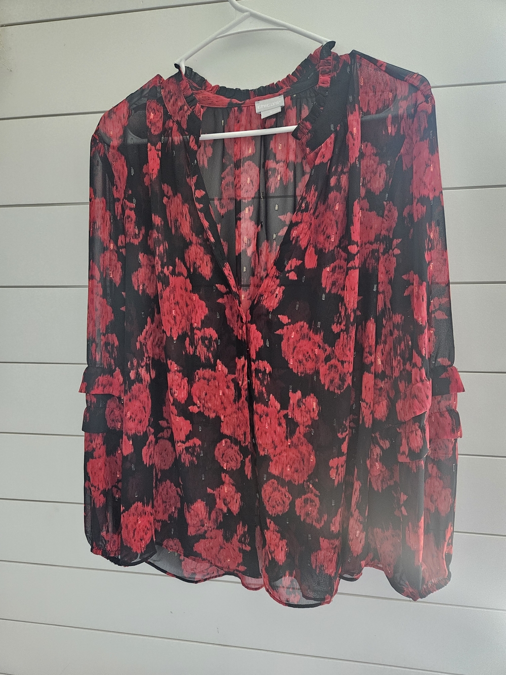 Chico's Black Sheer Blouse with Red Floral Print